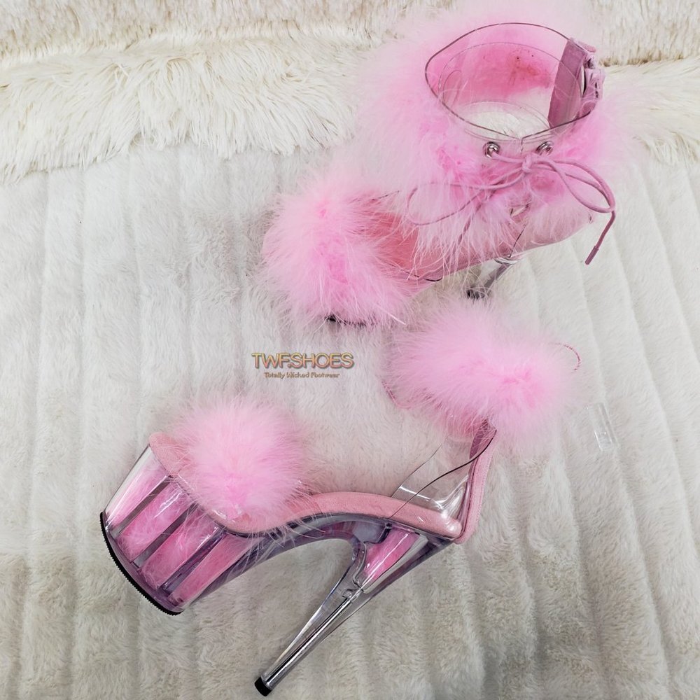 Baby Pink Furry Marabou Feather 7" High Heel Platform Shoe